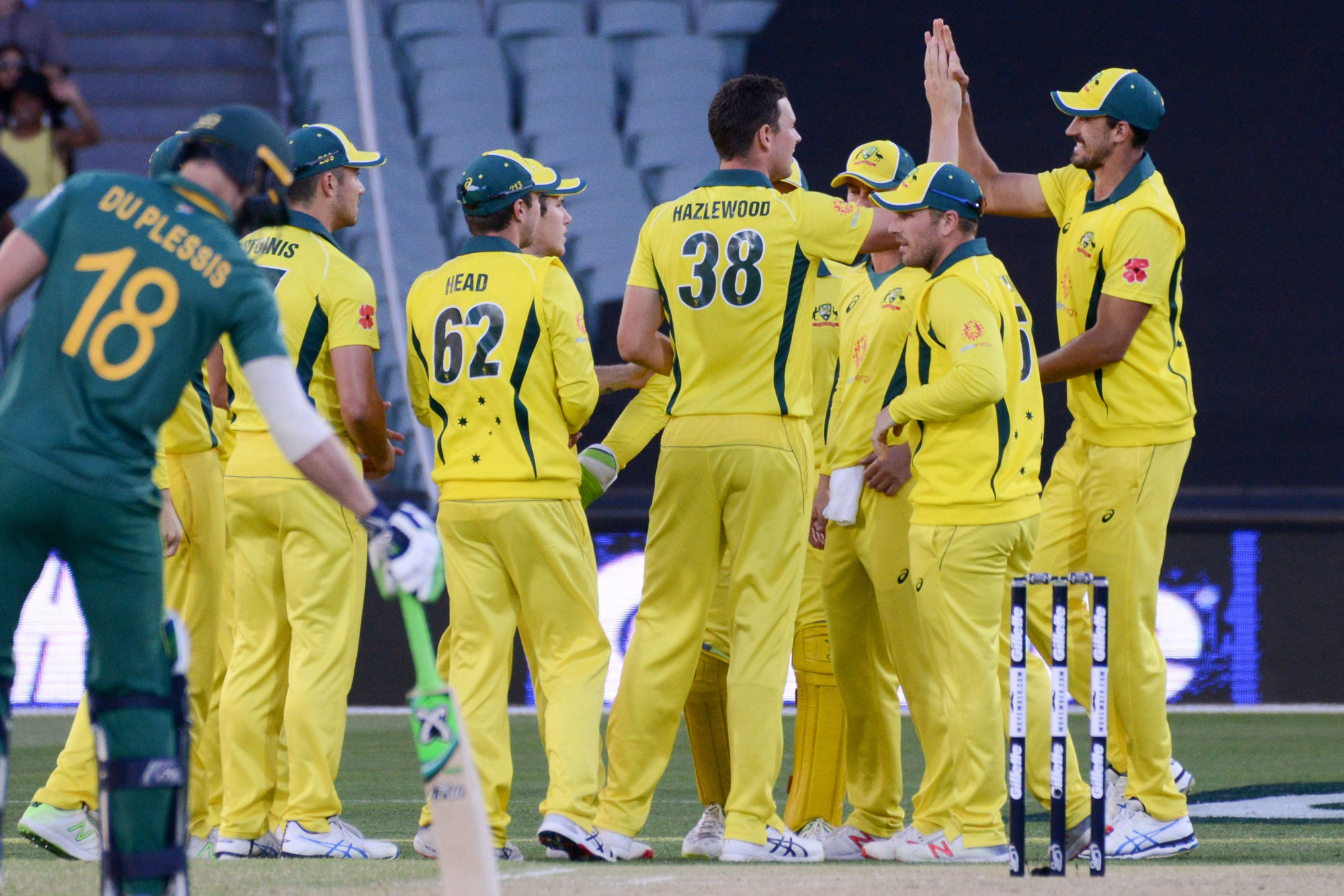 Australia's teammates congratulate Josh Hazlewood (C) after taking the wicket of South Africa's Reeza Hendricks during the second one day international cricket match between Australia and South Africa at the Adelaide Oval in Adelaide on November 9, 2018. 