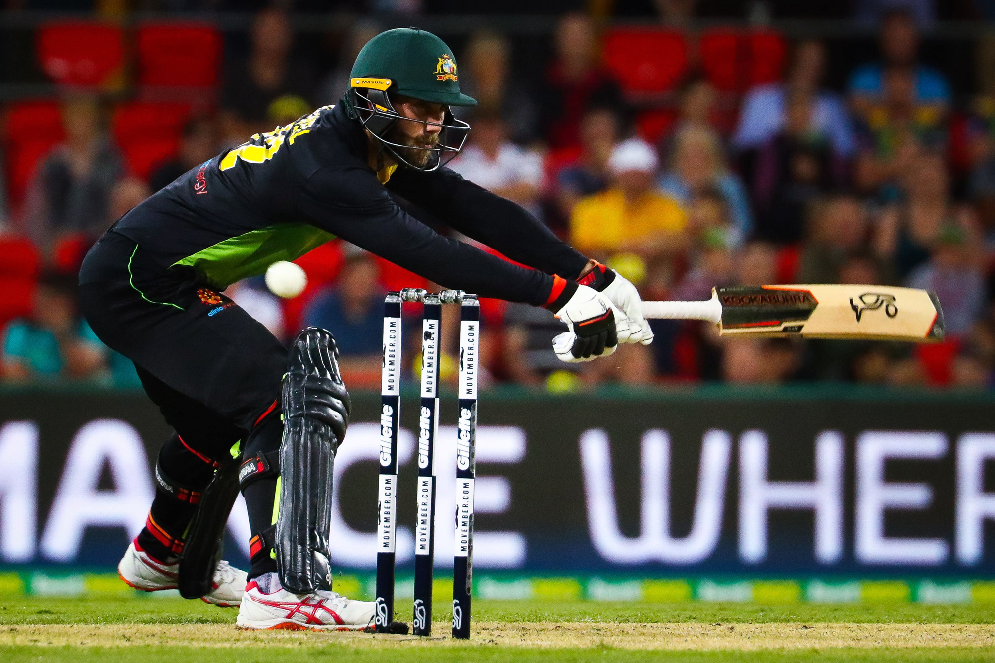 Glenn Maxwell of Australia plays a shot during the T20 international cricket match between Australia and South Africa at Metricon Stadium on the Gold Coast on November 17, 2018. (Photo by Patrick HAMILTON / AFP) / -- IMAGE RESTRICTED TO EDITORIAL USE - ST