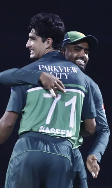 Naseem Shah celebrates after taking three wickets