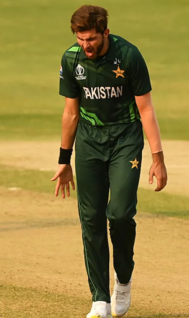 Shaheen Afridi reacts after getting hit for a boundary