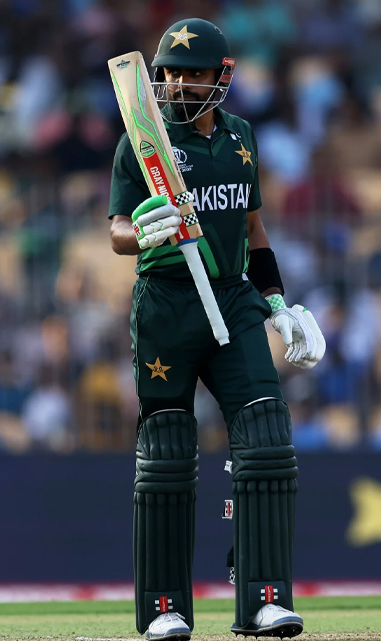Babar Azam poses after reaching fifty