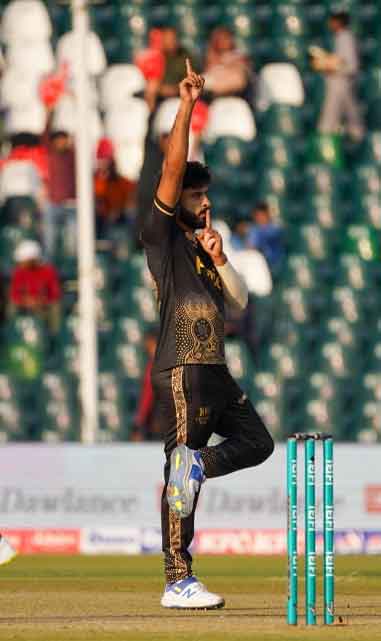 Aamer Jamal celebrates after taking wicket