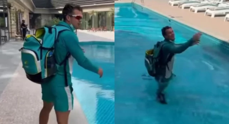 VIDEO: Alex Carey hilariously falls into swimming pool in Karachi