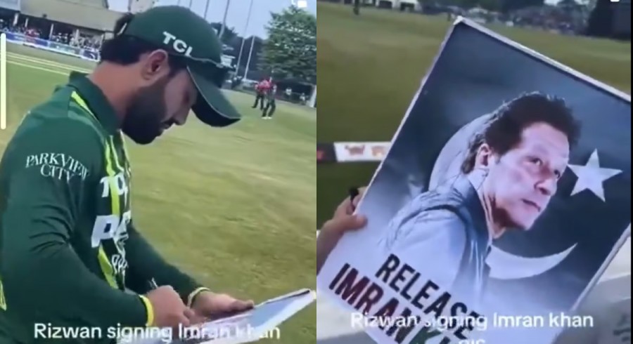 Rizwan gives autograph on 'Release Imran Khan' poster during second T20I