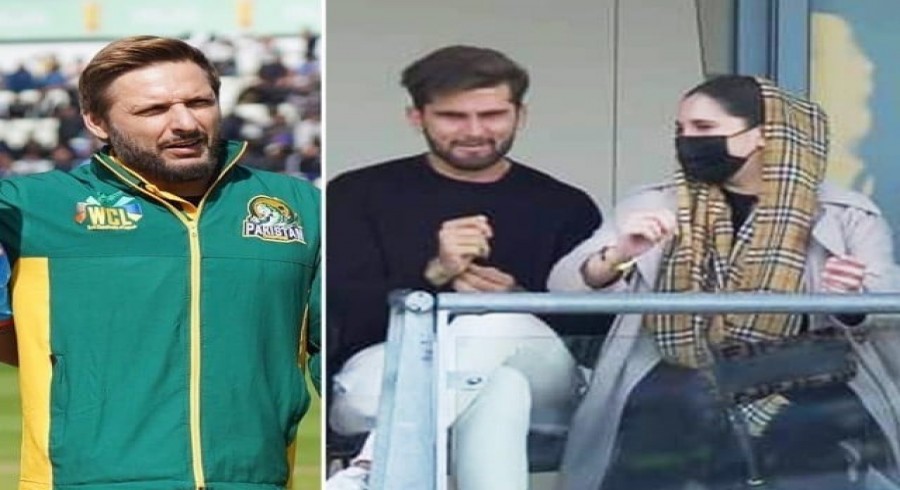 Shaheen Afridi, wife spotted supporting Shahid Afridi during WCL clash between Pakistan, India