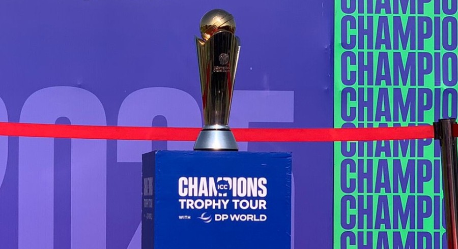 ICC Champions Trophy 2025 trophy displayed at Karachi's iconic National Bank Stadium